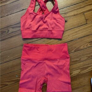 Coral/oramge Ribbed Sports Bra and Shorts Set